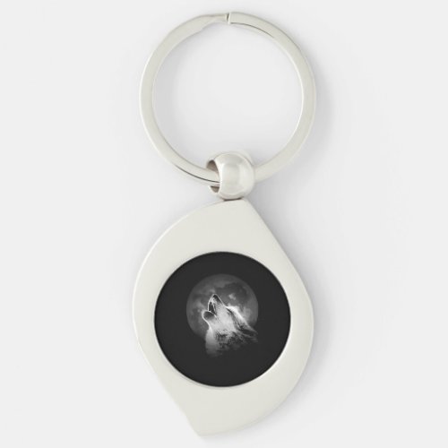 Black  White Howling Wolf  Moon Keychain