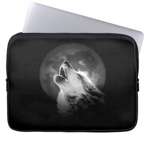 Black  White Howling Wolf  Moon Laptop Sleeve