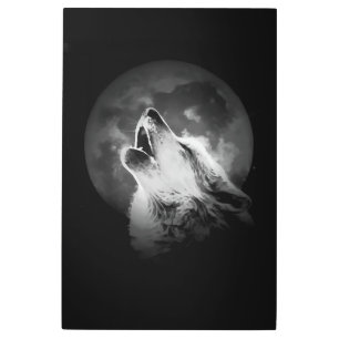 Black & White Howling Wolf & Moon Metal Print