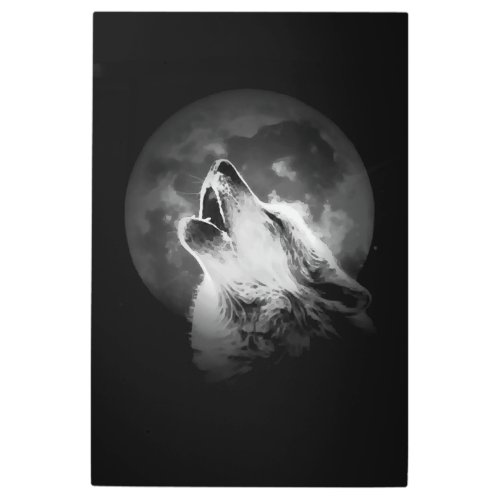 Black  White Howling Wolf  Moon Metal Print