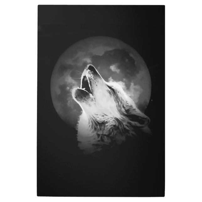 Black & White Howling Wolf & Moon Metal Print (Front)