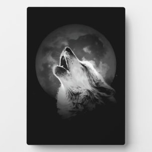 Black & White Howling Wolf & Moon Plaque