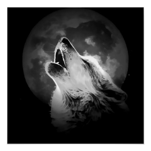 Black  White Howling Wolf  Moon Poster