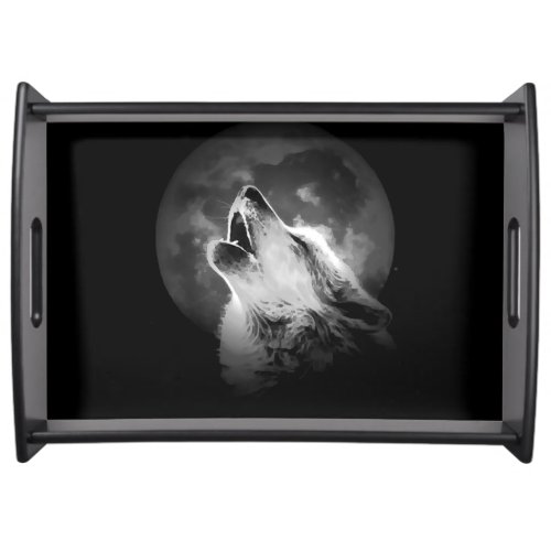 Black  White Howling Wolf  Moon Serving Tray