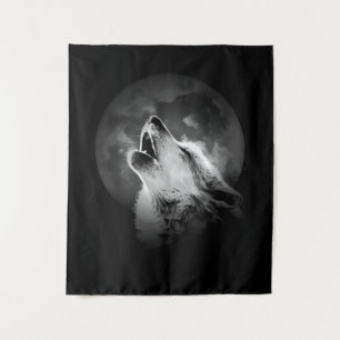 Black & White Howling Wolf & Moon Tapestry