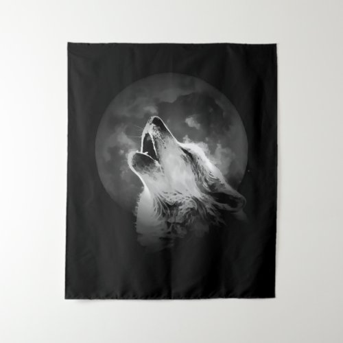 Black  White Howling Wolf  Moon Tapestry