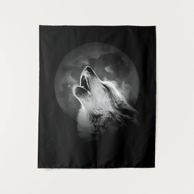 Black & White Howling Wolf & Moon Tapestry (Front)