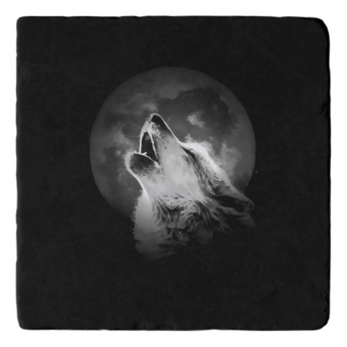 Black  White Howling Wolf  Moon Trivet
