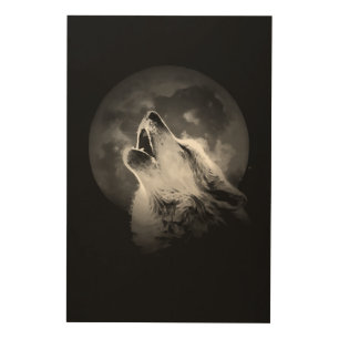 Black & White Howling Wolf & Moon Wood Wall Art
