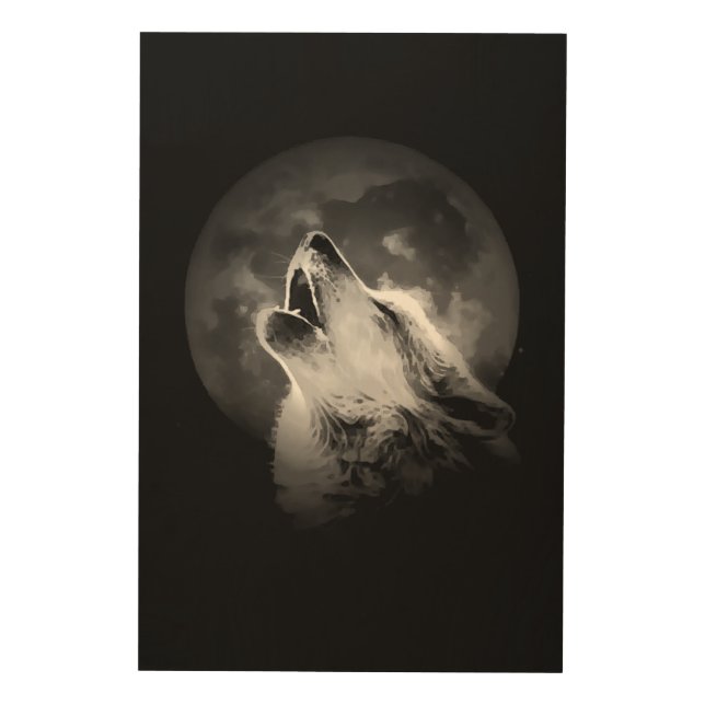 Black & White Howling Wolf & Moon Wood Wall Art (Front)
