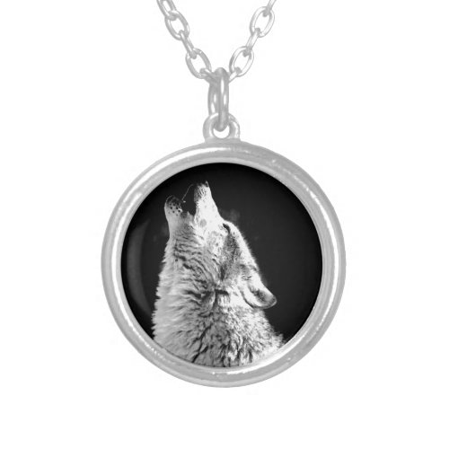 Black  White Howling Wolf Silver Plated Necklace