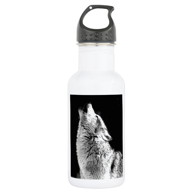 Black & White Howling Wolf Stainless Steel Water Bottle (Front)
