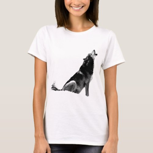 Black White Howling Wolf T_Shirt