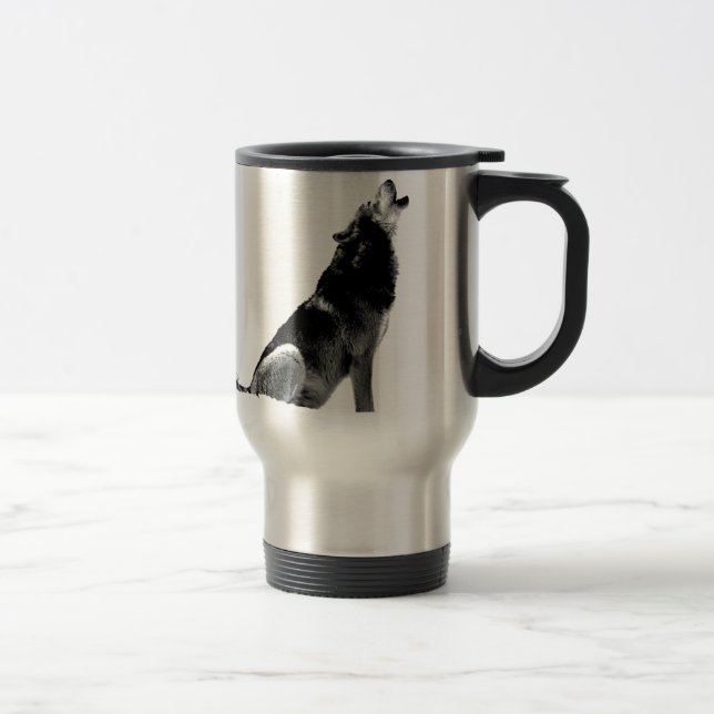 Black White Howling Wolf Travel Mug (Right)