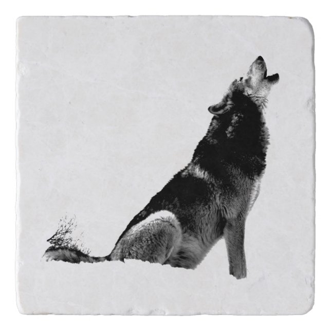 Black White Howling Wolf Trivet (Front)