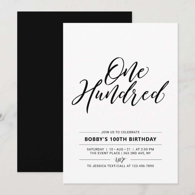 Black & White Hundred Minimal 100th Birthday Party Invitation (Front/Back)