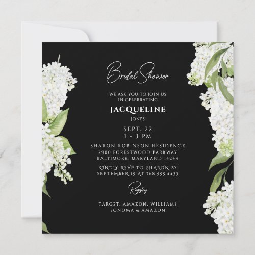 Black White Hydrangea Square Bridal Shower Invitation