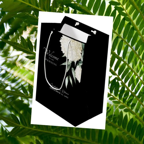 Black  White Hydrangea Wedding Welcome Foliage  Medium Gift Bag