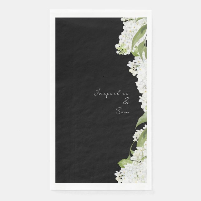 Black White Hydrangeas Wedding Script Paper Guest Towels (Front)