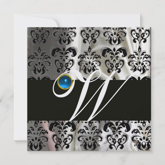 BLACK WHITE ICE SILK DAMASK MONOGRAM BLUE SAPPHIRE INVITATION (Front)