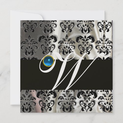 BLACK WHITE ICE SILK DAMASK MONOGRAM BLUE SAPPHIRE INVITATION