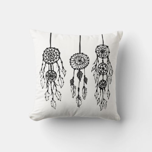 Black  White Illustrated Bohemian Dreamcatchers Throw Pillow