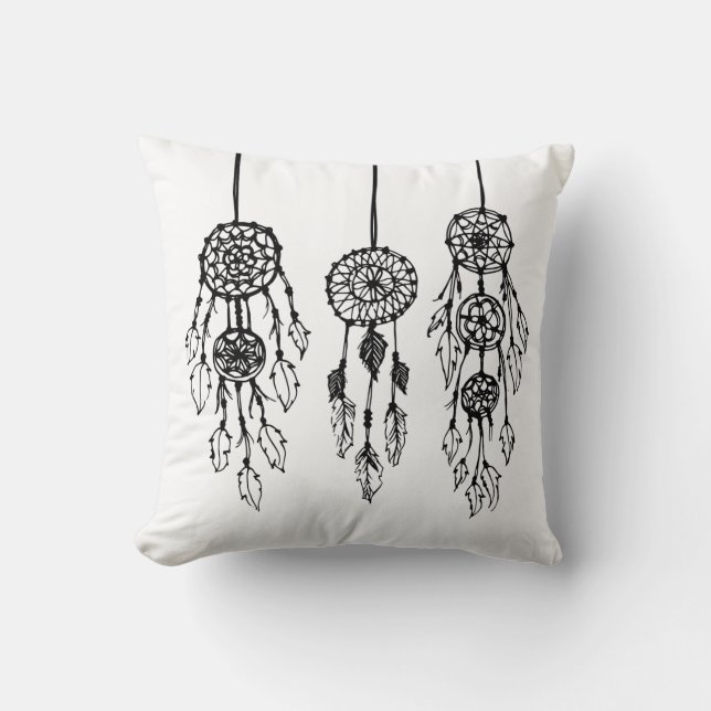 Black & White Illustrated Bohemian Dreamcatchers Throw Pillow (Front)