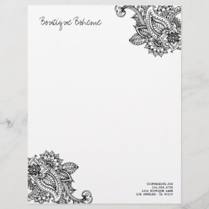 Black & White Illustrated Bohemian Paisley Henna Letterhead