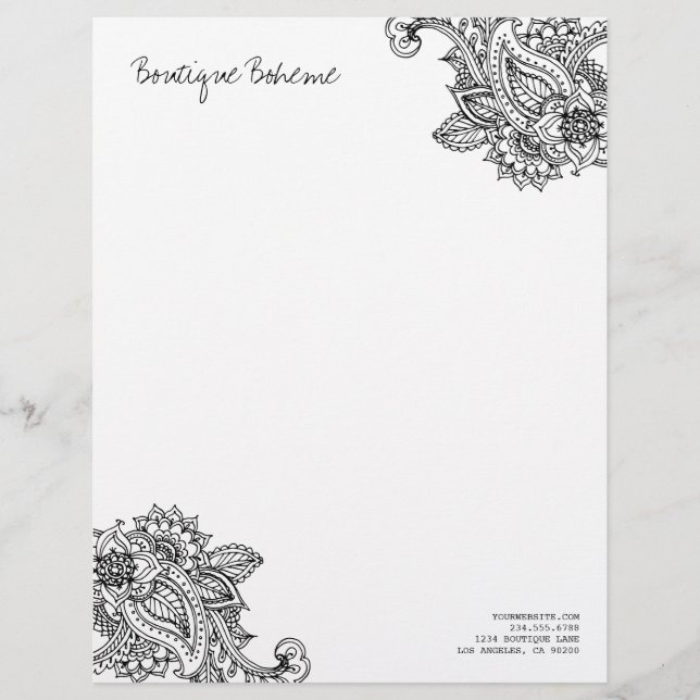 Black & White Illustrated Bohemian Paisley Henna Letterhead (Front)