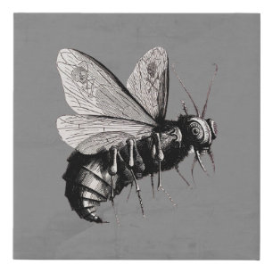 Black White Illustration Creepy Bee Skull Wings Faux Canvas Print