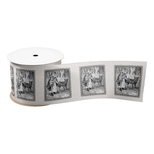 Black White Illustration Red Riding Hood Wolf Satin Ribbon (Spool)