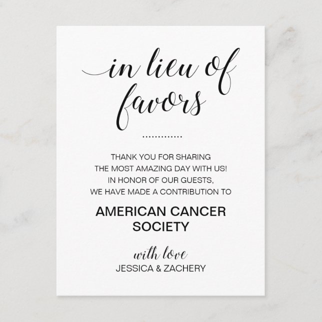 Black White In Lieu Of Wedding Favors Charity Enclosure Card (Front)