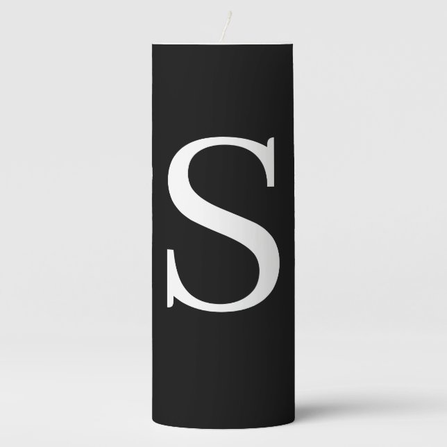 Black & White Initial Letter Monogrammed Plain Pillar Candle (Front)