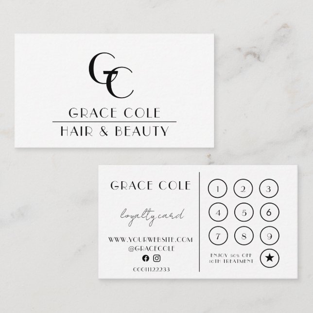 Black & White Initial Monogram Salon Loyalty Business Card (Front/Back)