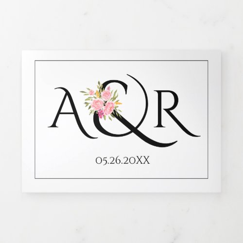 Black white initials ampersand pink roses wedding Tri_Fold invitation