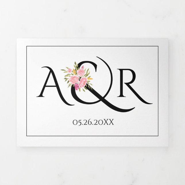 Black white initials, ampersand pink roses wedding Tri-Fold invitation (Cover)