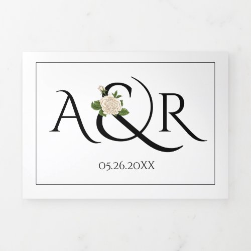 Black white initials and ampersand rose wedding Tri_Fold invitation