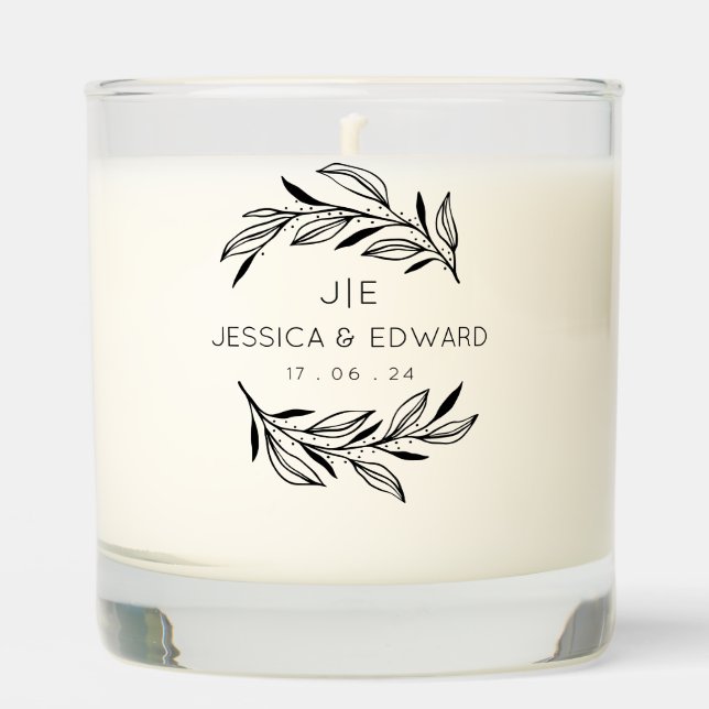 Black White Initials Couple Name Wedding Botanical Scented Candle (Front)
