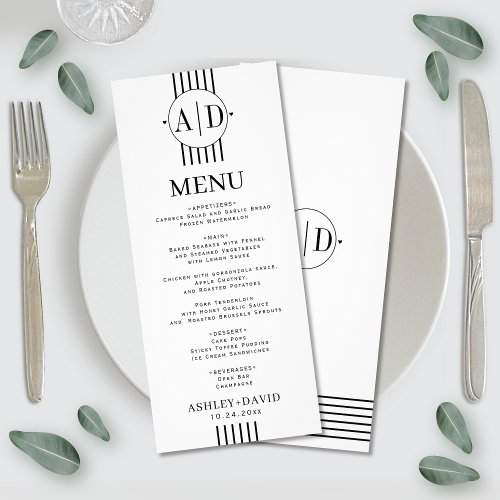 Black white initials stripes wedding menu card