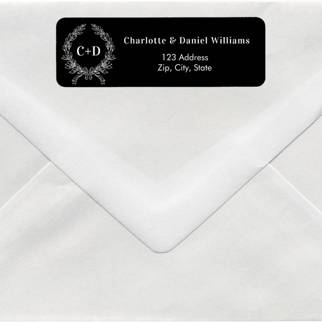 Black white initials wreath wedding return address label (Creator Uploaded)