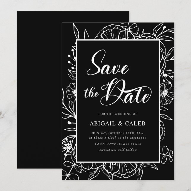 Black & White Ink Sketched Floral Wedding Save The Date (Front/Back)