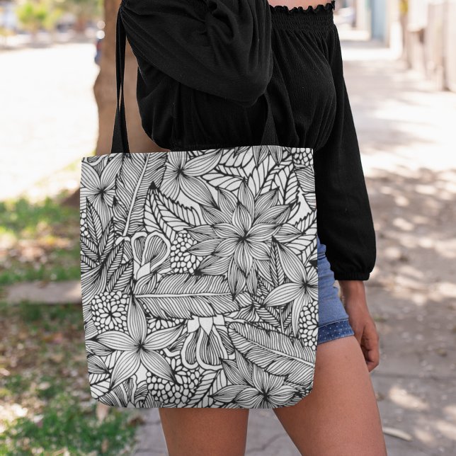Black & White Ink Tropical Escape Pattern Tote Bag (Creator Uploaded)