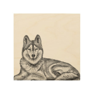 Black & White Ink & Watercolor Siberian Husky Wood Wall Art