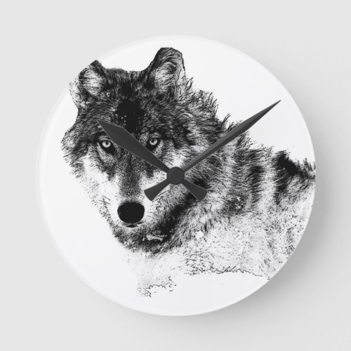Black White Inspirational Wolf Eyes Round Clock
