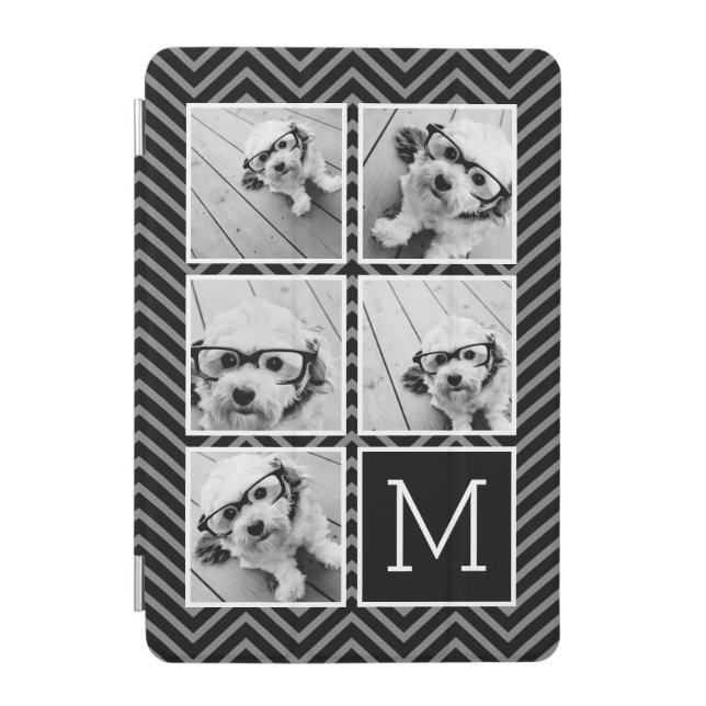 Black White Instagram 5 Photo Collage Monogram iPad Mini Cover (Front)