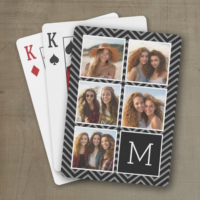 Black White Instagram 5 Photo Collage Monogram Poker Cards (Personalized playing cards with a fun photo collage)