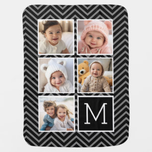 Black White Instagram 5 Photo Collage Monogram Receiving Blanket