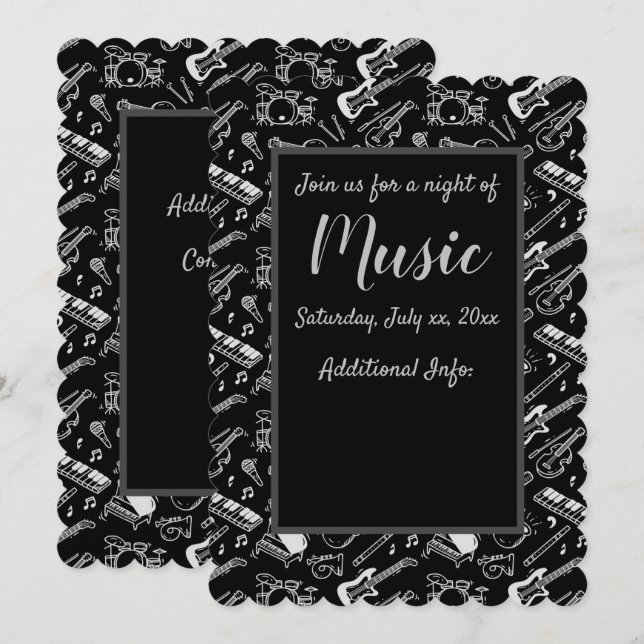 Black & White Instruments Pattern Invitation (Front/Back)