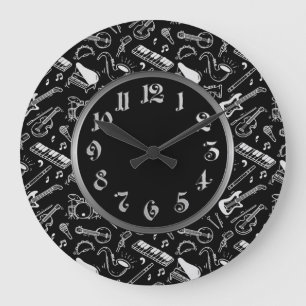 Black & White Instruments Pattern Large Clock