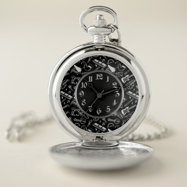 Black & White Instruments Pattern Pocket Watch (Inside)